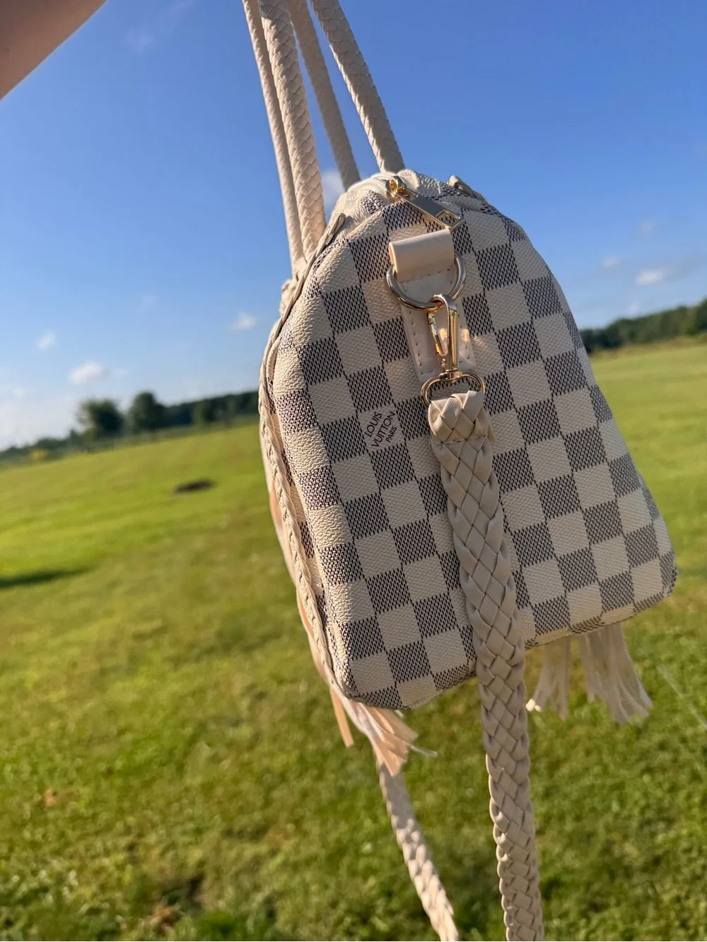 Louis Vuitton Ivory Checkered Satchel with Tassel Accents
